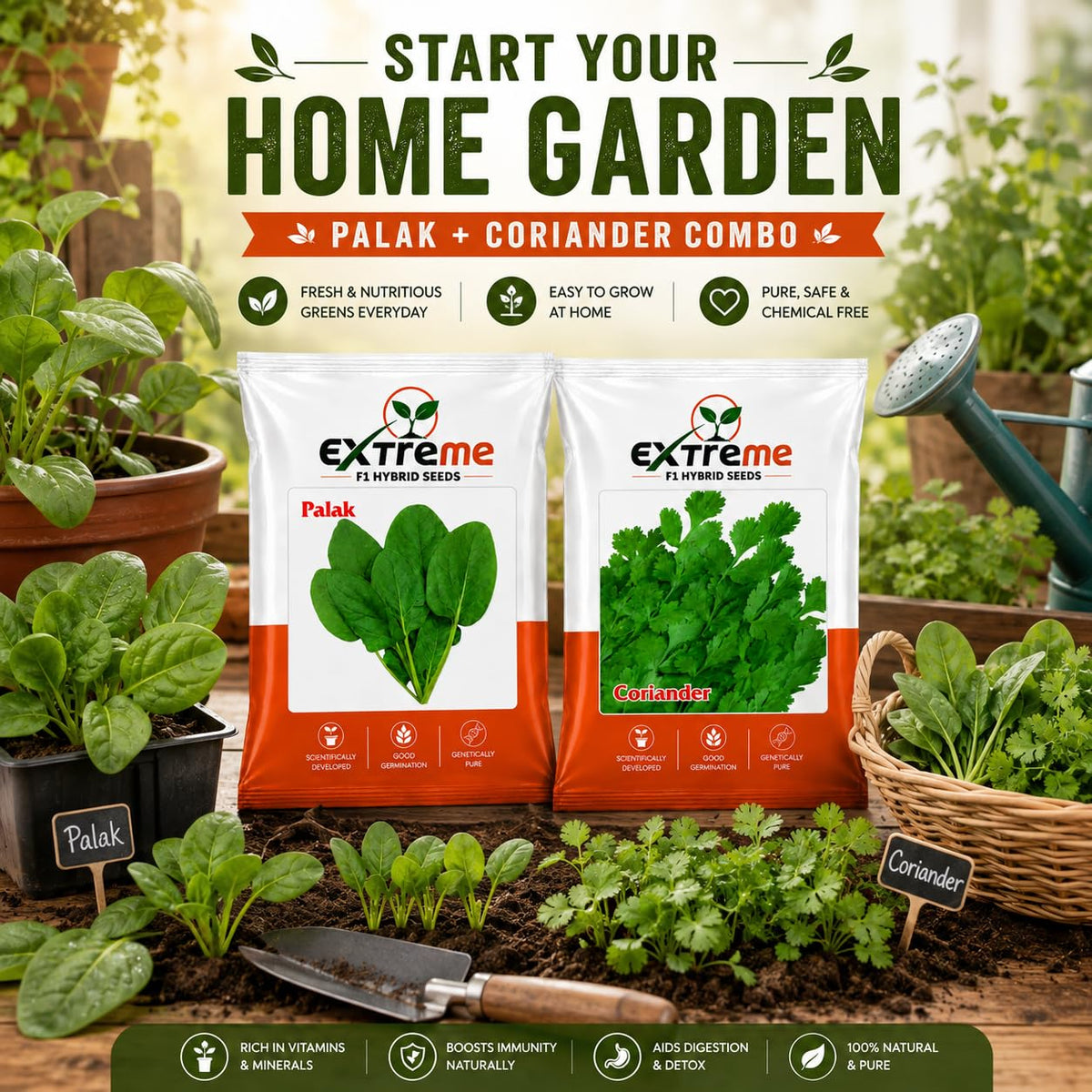 Extreme F1 Hybrid Palak & Coriander Seeds Combo Pack 30g (20g Palak + 10g Coriander) | Spinach & Dhaniya Seeds | Vegetable Seeds for Home, Kitchen & Terrace Garden
