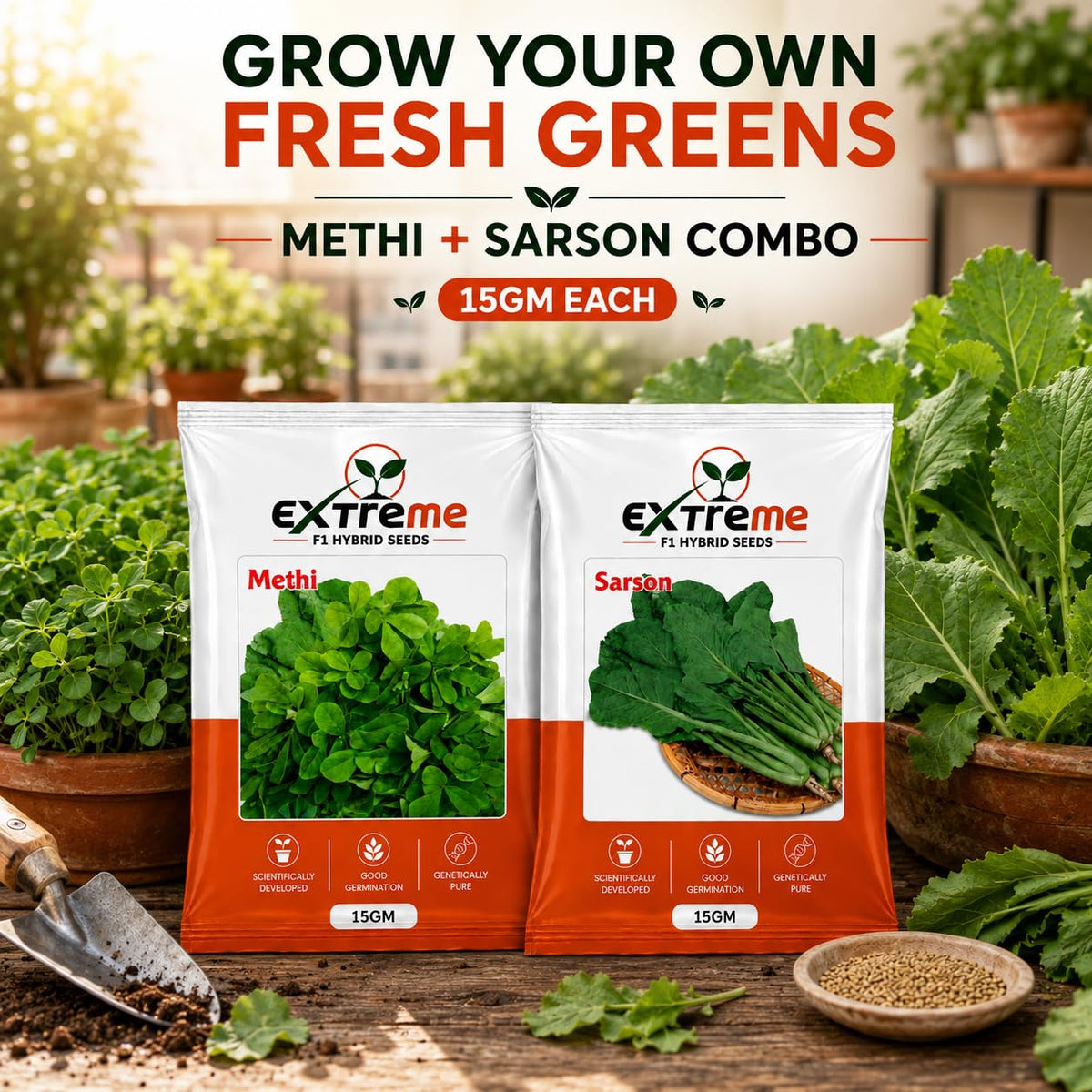 Extreme F1 Hybrid Methi & Sarson Seeds Combo Pack 30g (15g Each) | Fenugreek & Mustard Seeds | Vegetable Seeds for Home, Kitchen & Terrace Garden