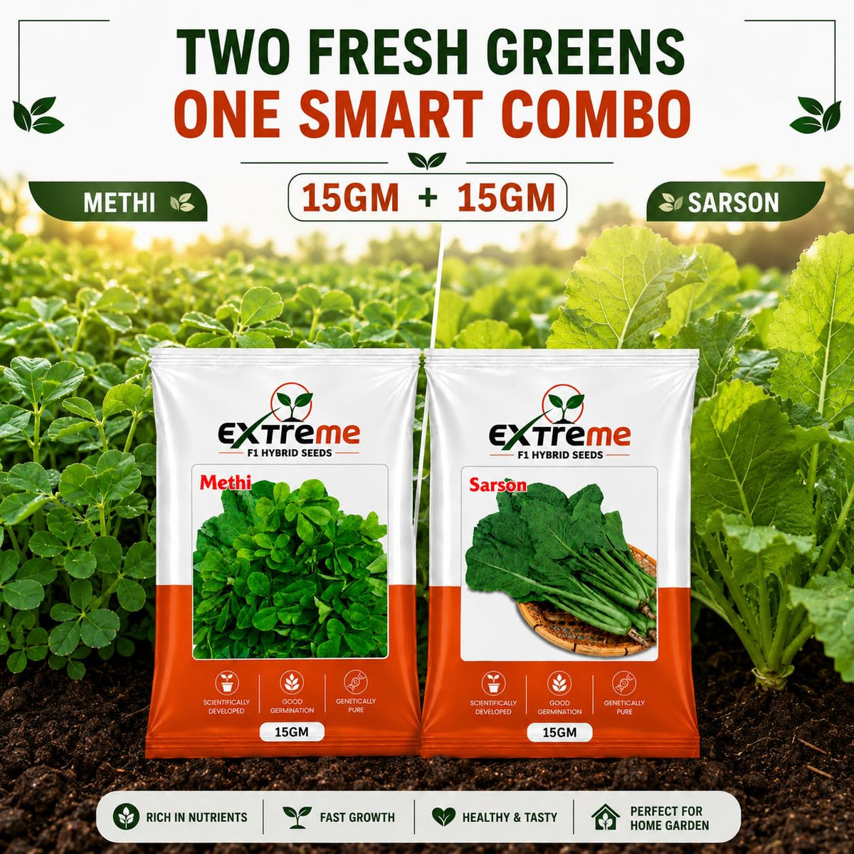 Extreme F1 Hybrid Methi & Sarson Seeds Combo Pack 30g (15g Each) | Fenugreek & Mustard Seeds | Vegetable Seeds for Home, Kitchen & Terrace Garden