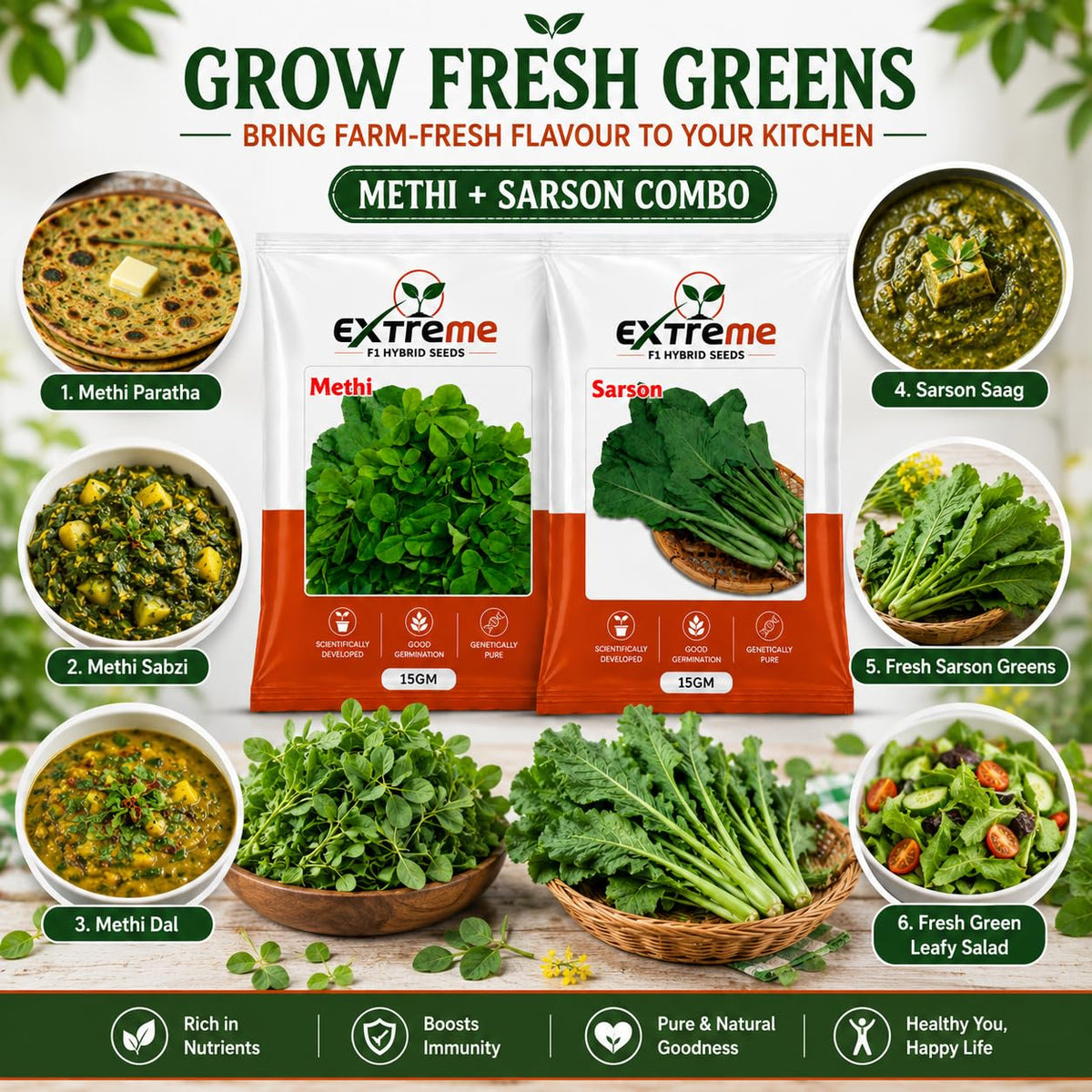 Extreme F1 Hybrid Methi & Sarson Seeds Combo Pack 30g (15g Each) | Fenugreek & Mustard Seeds | Vegetable Seeds for Home, Kitchen & Terrace Garden
