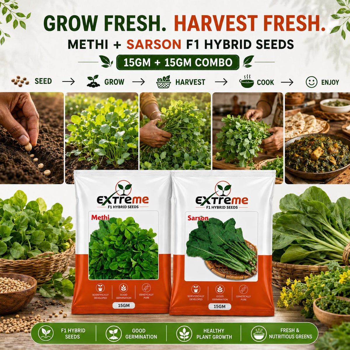 Extreme F1 Hybrid Methi & Sarson Seeds Combo Pack 30g (15g Each) | Fenugreek & Mustard Seeds | Vegetable Seeds for Home, Kitchen & Terrace Garden