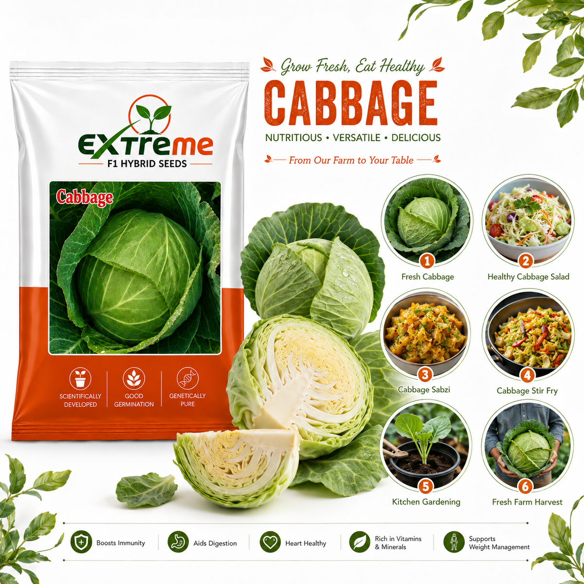 Extreme F1 Hybrid Cabbage Seeds 1 Gram (1000 mg) | Patta Gobhi Vegetable Seeds for Home, Kitchen Garden & Farming | Good Germination & Genetically Pure Seeds