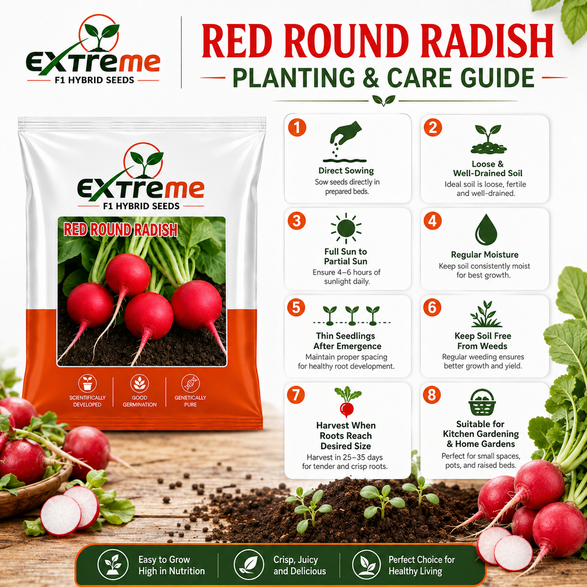 Extreme F1 Hybrid Red Round Radish Seeds 5g | Red Round Mooli Beej | Round Radish Vegetable Seeds for Kitchen Garden, Home Garden & Terrace Garden