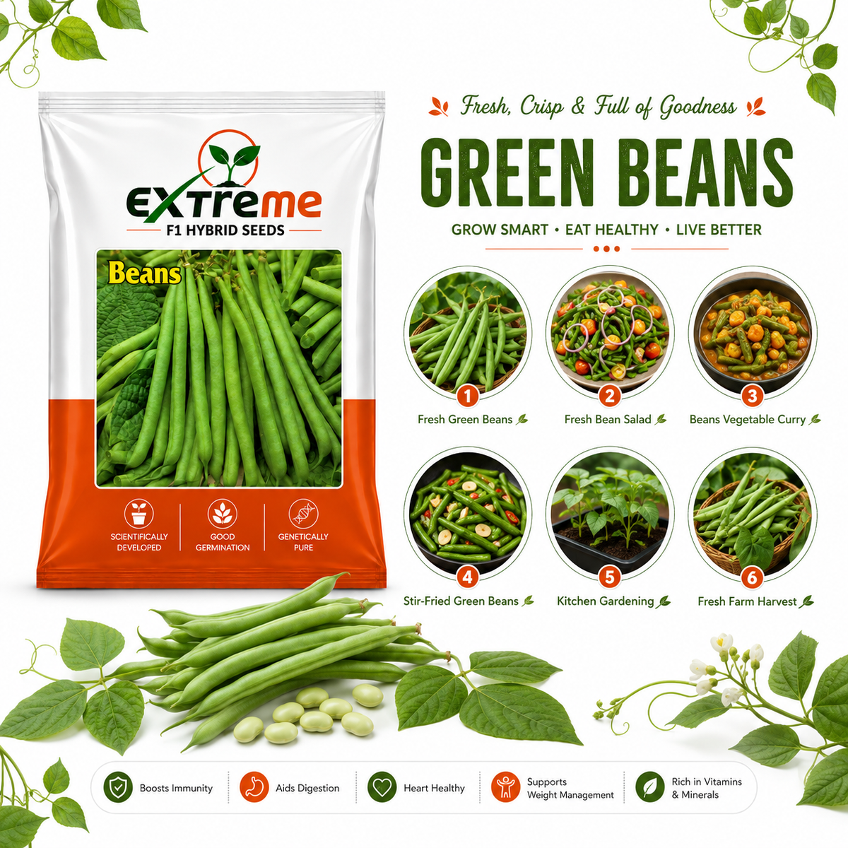 Extreme F1 Hybrid Beans Seeds 10g | Green Vegetable Seeds | Beej for Kitchen Garden, Home Garden, Terrace Garden & Outdoor Farming
