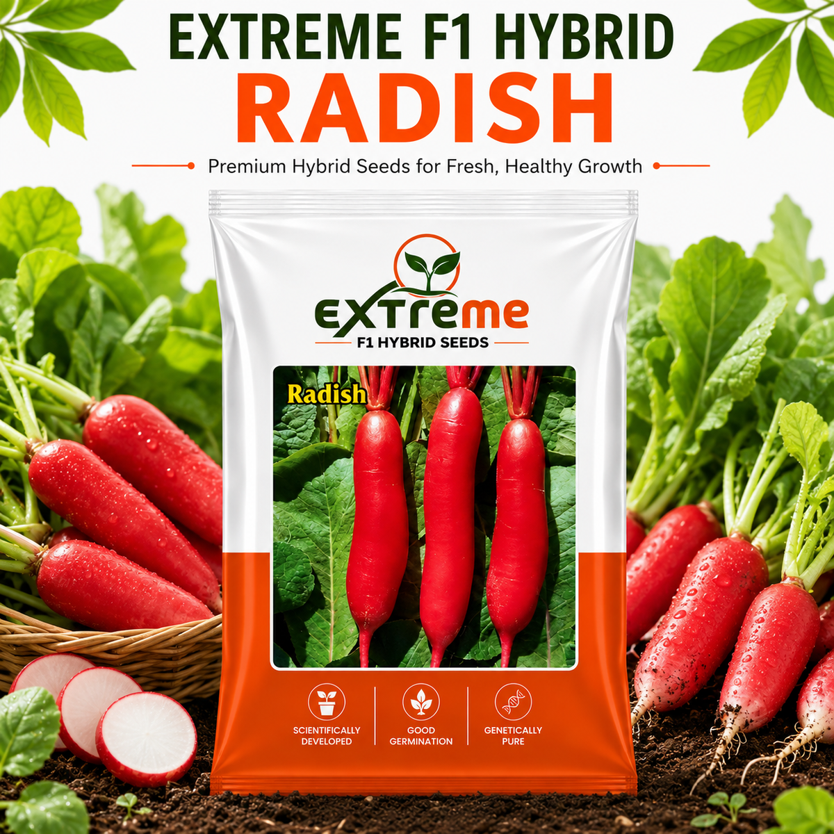 Extreme F1 Hybrid Radish Seeds 5 GM | Premium Red Radish Vegetable Seeds | Mooli Seeds for Home Garden, Kitchen Garden, Terrace Garden, Pots, Grow Bags & Outdoor Farming