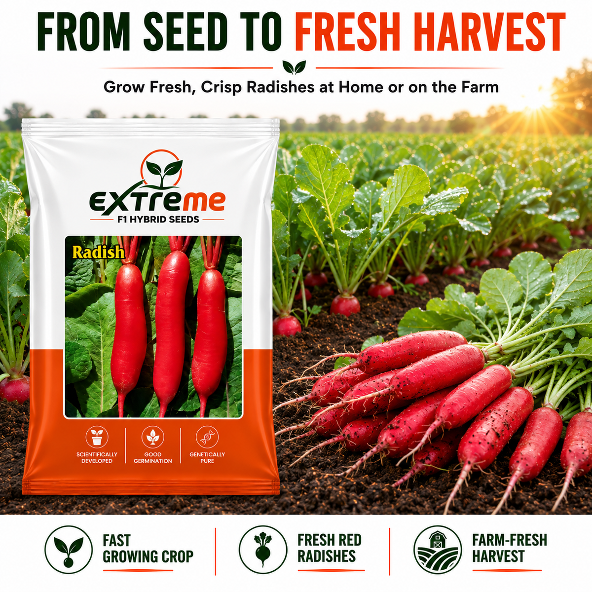 Extreme F1 Hybrid Radish Seeds 5 GM | Premium Red Radish Vegetable Seeds | Mooli Seeds for Home Garden, Kitchen Garden, Terrace Garden, Pots, Grow Bags & Outdoor Farming