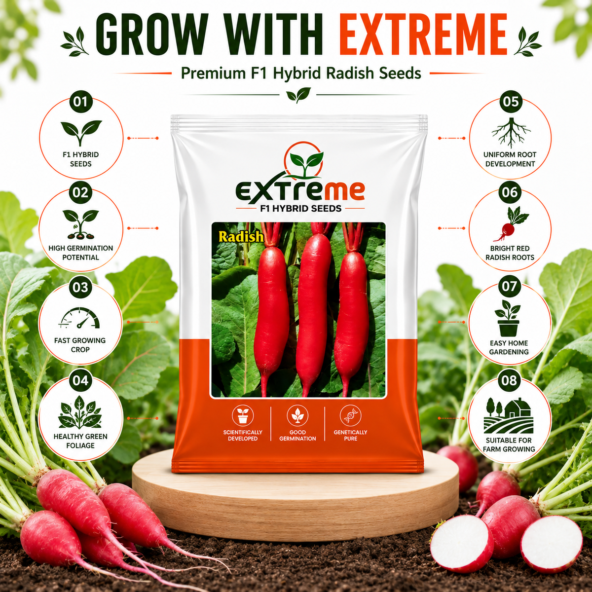 Extreme F1 Hybrid Radish Seeds 5 GM | Premium Red Radish Vegetable Seeds | Mooli Seeds for Home Garden, Kitchen Garden, Terrace Garden, Pots, Grow Bags & Outdoor Farming