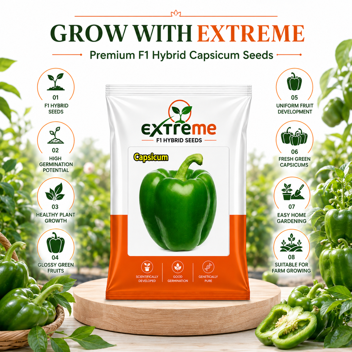 Extreme F1 Hybrid Capsicum Seeds 1 GM (1000 MG) | Green Capsicum Vegetable Seeds for Home Garden, Kitchen Garden, Terrace Garden & Outdoor Farming