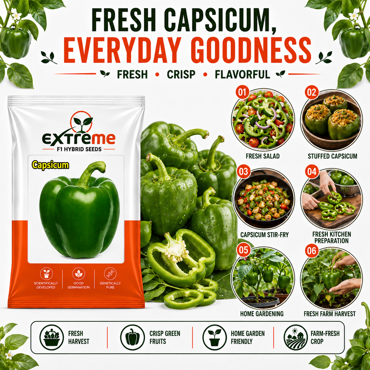 Extreme F1 Hybrid Capsicum Seeds 1 GM (1000 MG) | Green Capsicum Vegetable Seeds for Home Garden, Kitchen Garden, Terrace Garden & Outdoor Farming