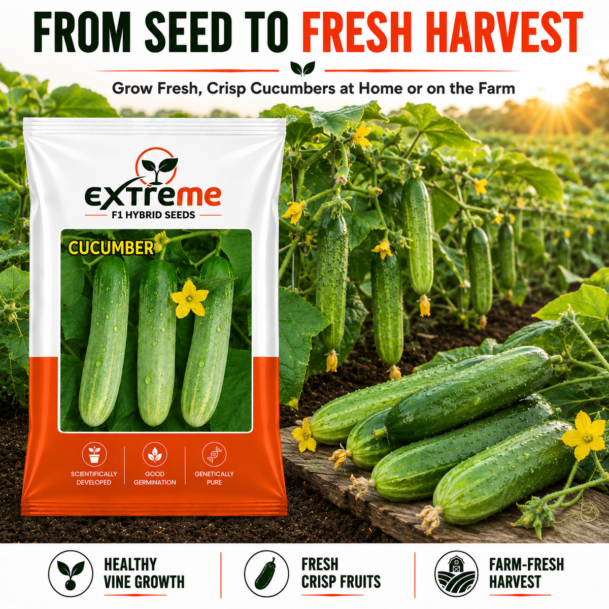 Extreme F1 Hybrid Cucumber Seeds 2 GM | Premium Kheera Seeds | Cucumber Vegetable Seeds for Home Garden, Kitchen Garden, Terrace Garden, Pots, Grow Bags & Outdoor Farming