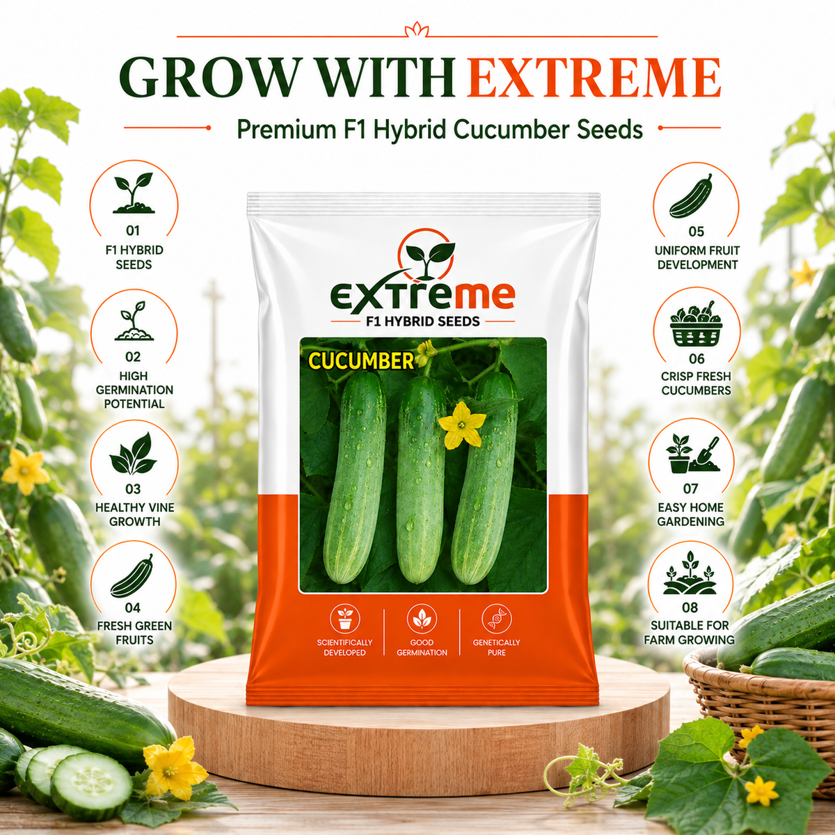 Extreme F1 Hybrid Cucumber Seeds 2 GM | Premium Kheera Seeds | Cucumber Vegetable Seeds for Home Garden, Kitchen Garden, Terrace Garden, Pots, Grow Bags & Outdoor Farming