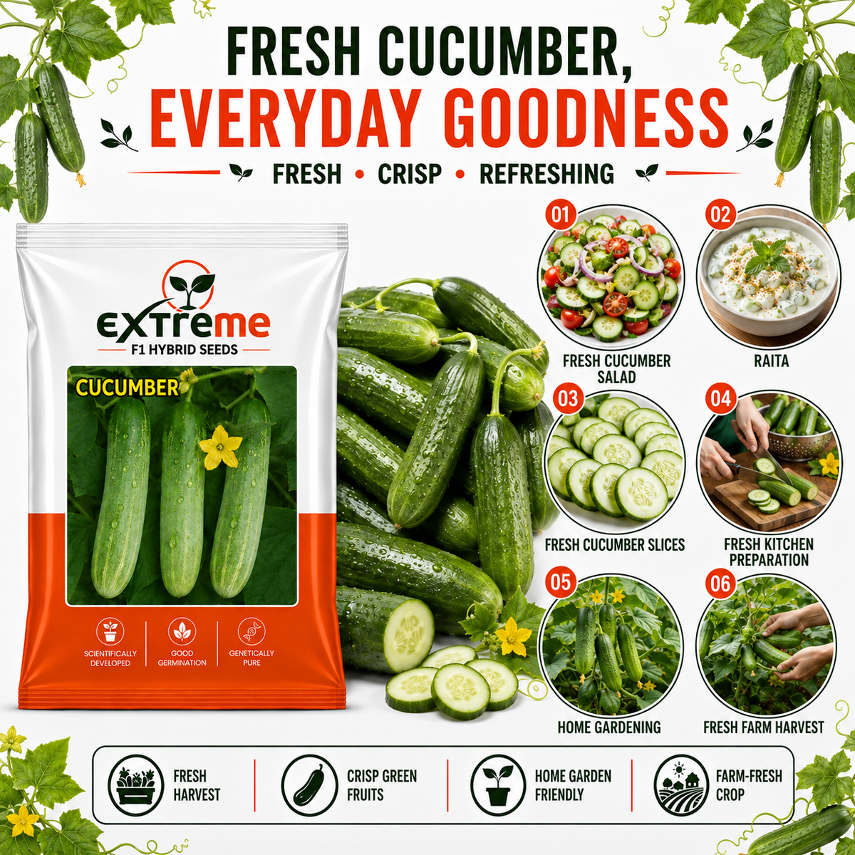 Extreme F1 Hybrid Cucumber Seeds 2 GM | Premium Kheera Seeds | Cucumber Vegetable Seeds for Home Garden, Kitchen Garden, Terrace Garden, Pots, Grow Bags & Outdoor Farming