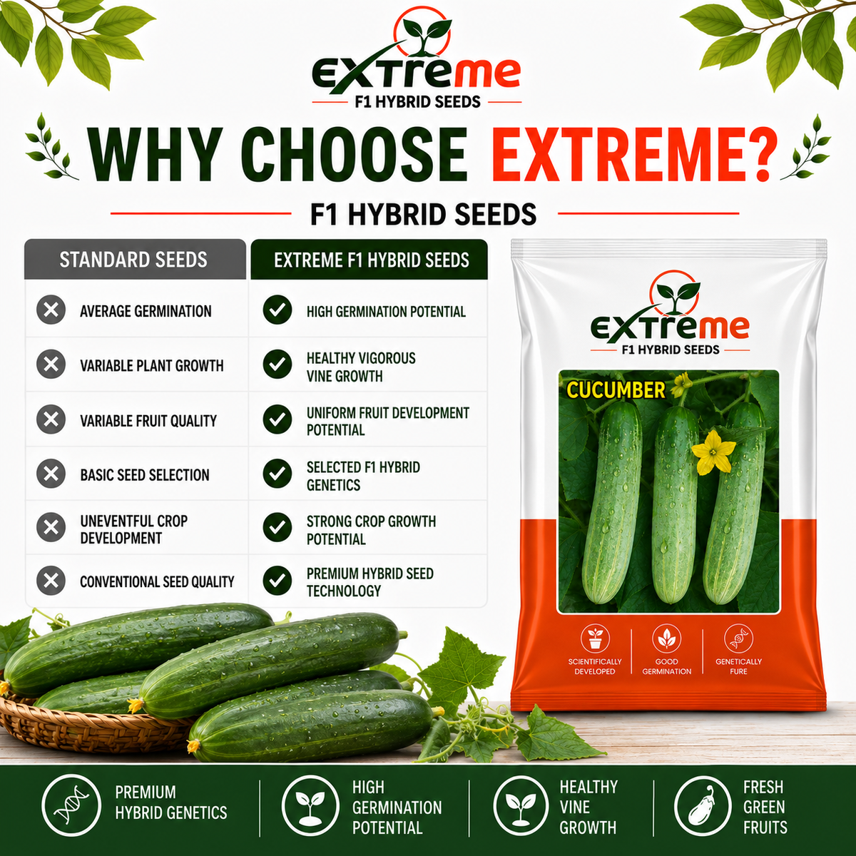 Extreme F1 Hybrid Cucumber Seeds 2 GM | Premium Kheera Seeds | Cucumber Vegetable Seeds for Home Garden, Kitchen Garden, Terrace Garden, Pots, Grow Bags & Outdoor Farming