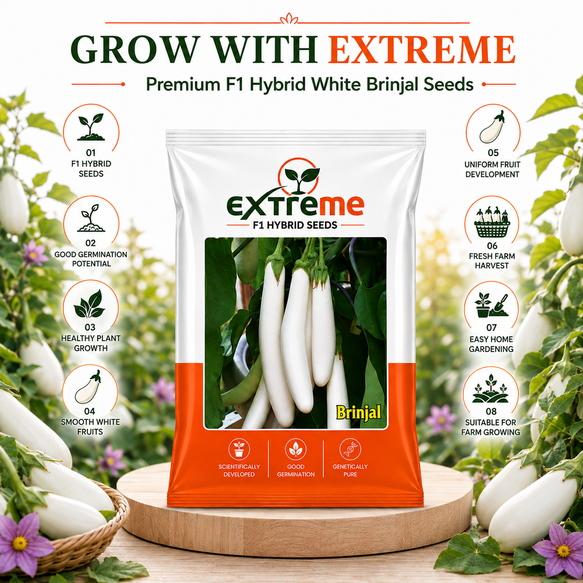 EXTREME F1 Hybrid White Brinjal Seeds for Home Garden & Outdoor Farming | White Eggplant Seeds for Kitchen Garden, Terrace Garden & Vegetable Growing | 1 GM
