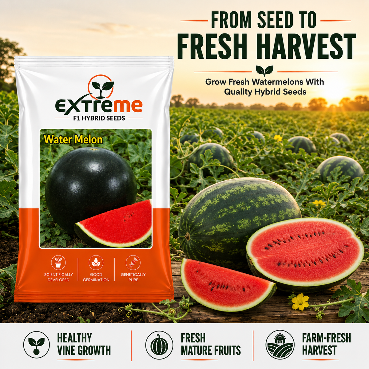 EXTREME F1 Hybrid Watermelon Seeds for Home Garden, Kitchen, Terrace Garden & Outdoor Growing | Premium Tarbooz for Fresh Fruit Cultivation | Pack of 20 Seeds