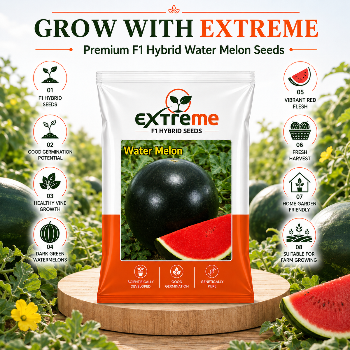 EXTREME F1 Hybrid Watermelon Seeds for Home Garden, Kitchen, Terrace Garden & Outdoor Growing | Premium Tarbooz for Fresh Fruit Cultivation | Pack of 20 Seeds
