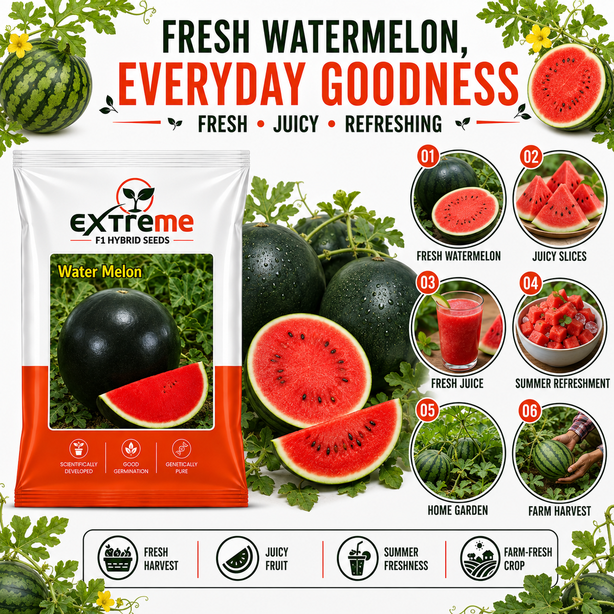 EXTREME F1 Hybrid Watermelon Seeds for Home Garden, Kitchen, Terrace Garden & Outdoor Growing | Premium Tarbooz for Fresh Fruit Cultivation | Pack of 20 Seeds