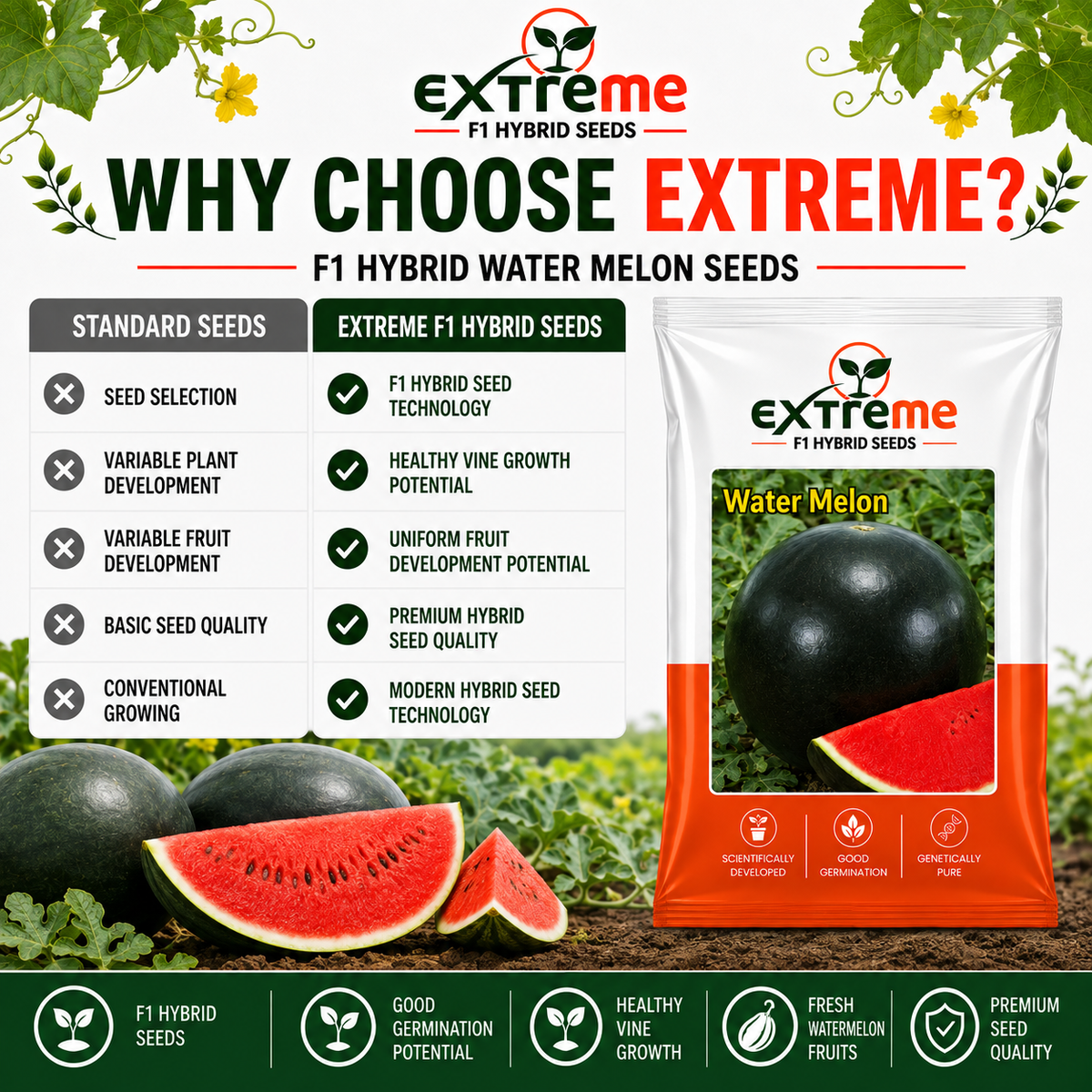 EXTREME F1 Hybrid Watermelon Seeds for Home Garden, Kitchen, Terrace Garden & Outdoor Growing | Premium Tarbooz for Fresh Fruit Cultivation | Pack of 20 Seeds