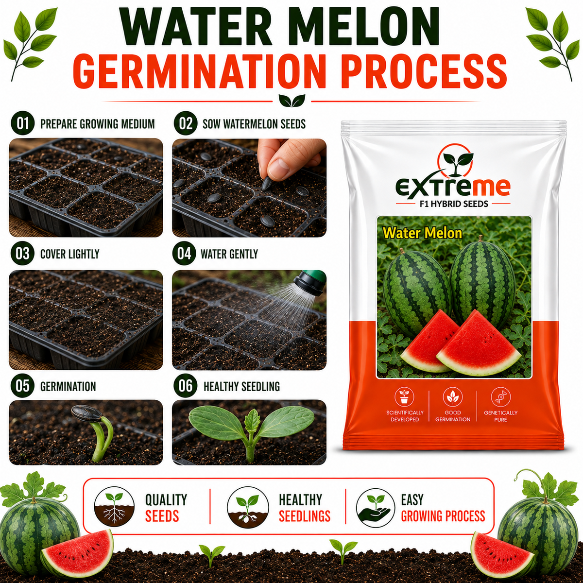 EXTREME F1 Hybrid Watermelon Seeds for Home Garden & Outdoor Farming | Tarbooz Seeds for Kitchen Garden, Terrace Garden & Fresh Fruit Growing | 20 Seeds