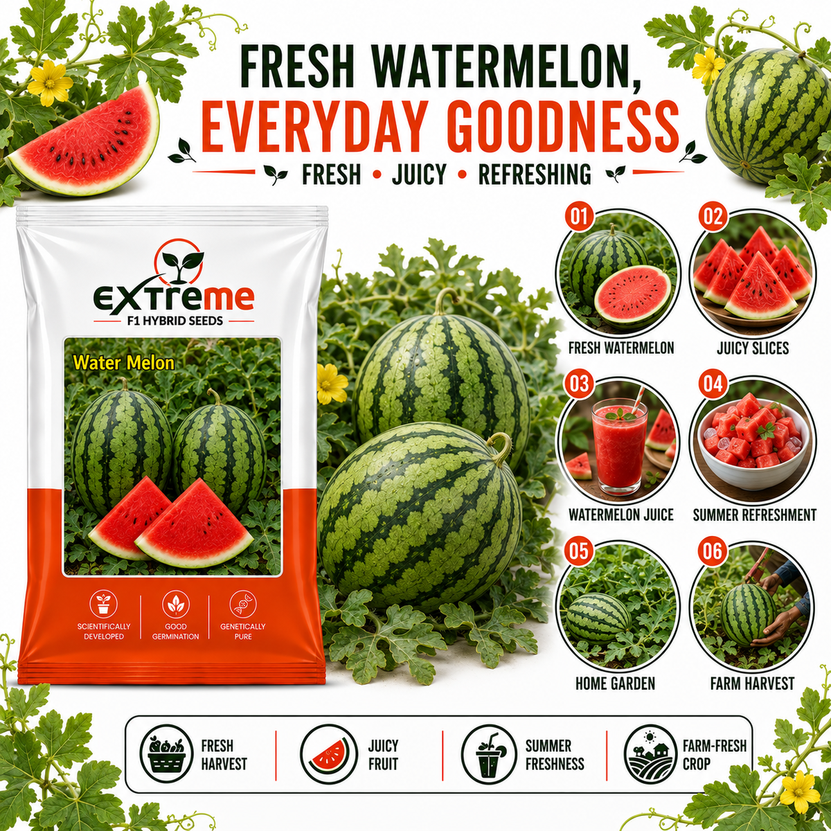 EXTREME F1 Hybrid Watermelon Seeds for Home Garden & Outdoor Farming | Tarbooz Seeds for Kitchen Garden, Terrace Garden & Fresh Fruit Growing | 20 Seeds