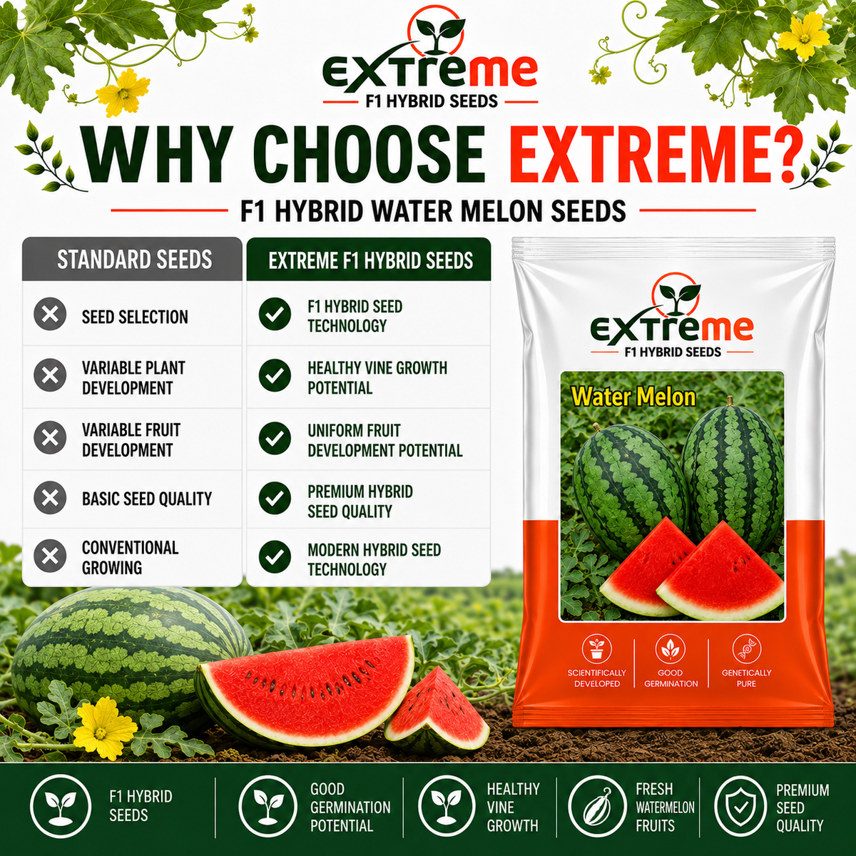 EXTREME F1 Hybrid Watermelon Seeds for Home Garden & Outdoor Farming | Tarbooz Seeds for Kitchen Garden, Terrace Garden & Fresh Fruit Growing | 20 Seeds