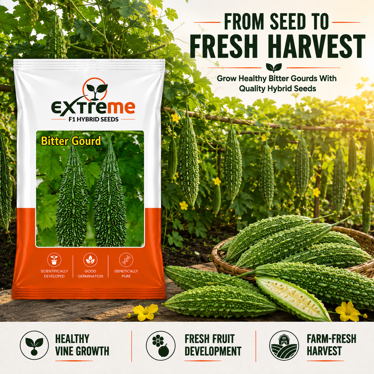 Extreme F1 Hybrid Bitter Gourd Seeds 10 GM | Karela Seeds for Planting | Bitter Melon Vegetable Seeds for Home, Kitchen, Terrace Garden & Outdoor Farming