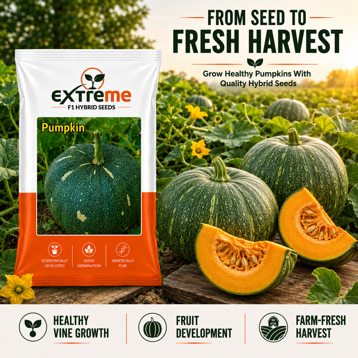 Extreme F1 Hybrid Pumpkin Seeds 5 GM | Premium Kaddu Seeds | Pumpkin Vegetable Seeds for Home Garden, Kitchen Garden, Terrace Garden, Pots, Grow Bags & Outdoor Farming
