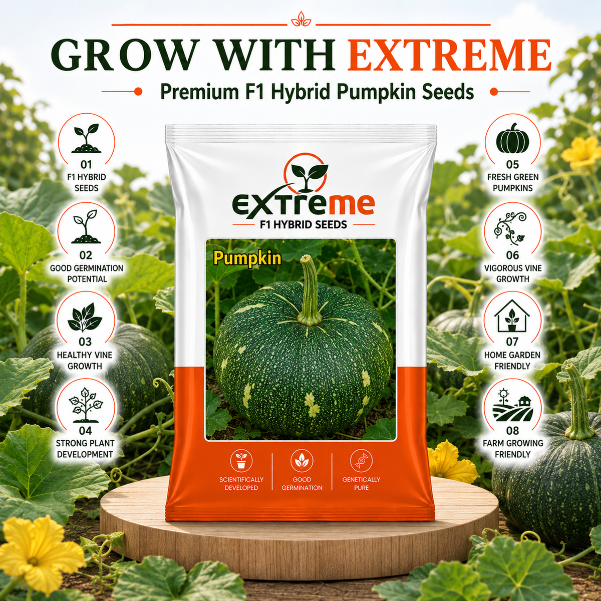 Extreme F1 Hybrid Pumpkin Seeds 5 GM | Premium Kaddu Seeds | Pumpkin Vegetable Seeds for Home Garden, Kitchen Garden, Terrace Garden, Pots, Grow Bags & Outdoor Farming