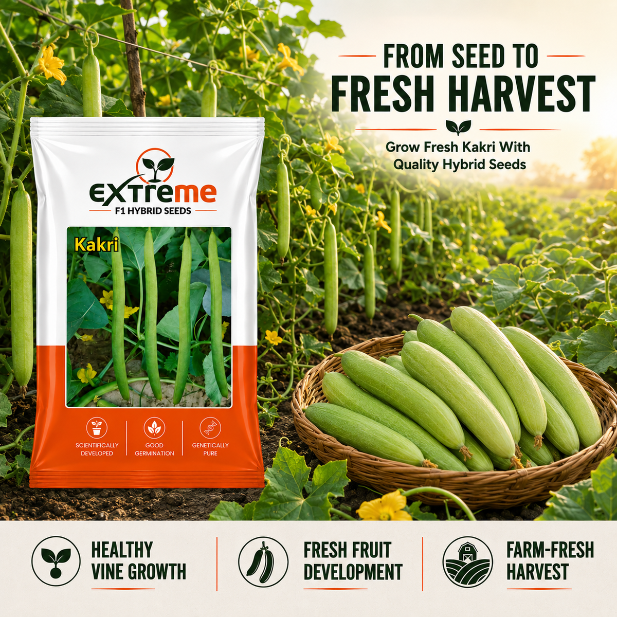 EXTREME F1 Hybrid Tar Kakri Seeds for Home Garden, Kitchen Garden, Terrace Garden & Outdoor Growing | Premium Vegetable Seeds for Fresh Tar Kakri Cultivation | 25 GM Pack