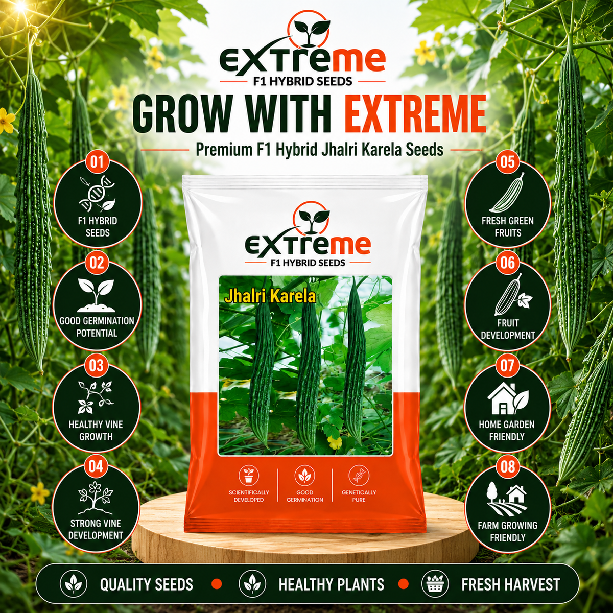 Extreme F1 Hybrid Jhalri Karela Seeds 10 GM | Premium Bitter Gourd Seeds | Long Green Karela Vegetable Seeds for Home Garden, Kitchen Garden, Terrace Garden, Pots, Grow Bags & Outdoor Farming