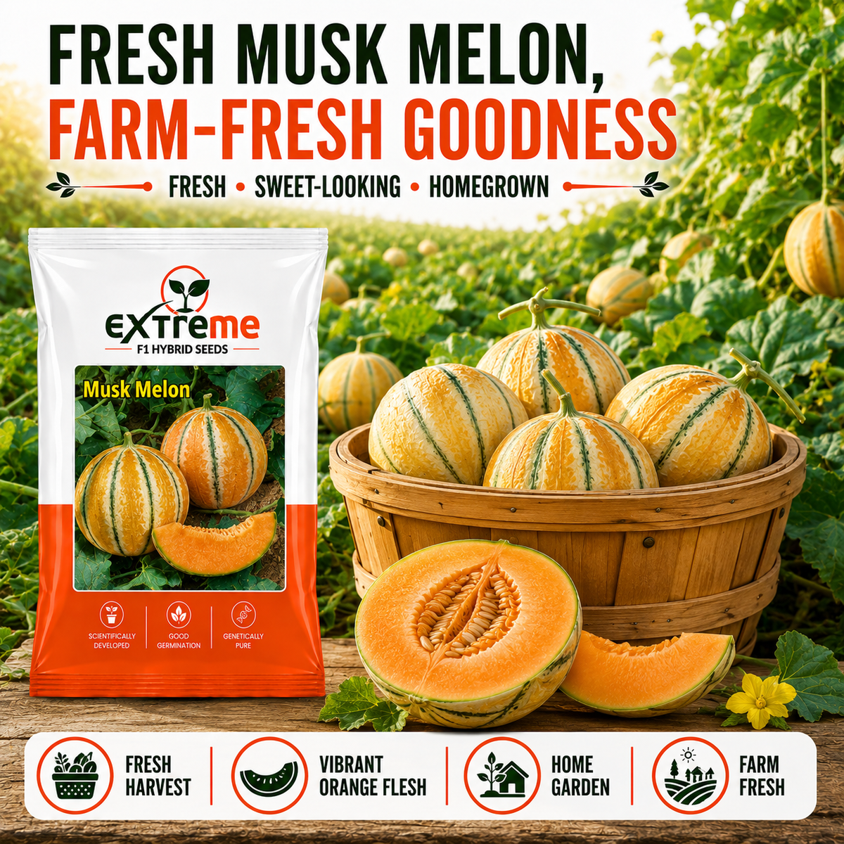 EXTREME F1 Hybrid Muskmelon (Kharbooz) 1GM Seeds for Home Garden, Terrace Garden & Outdoor Growing | Premium Melon Seeds for Fresh Fruit Cultivation