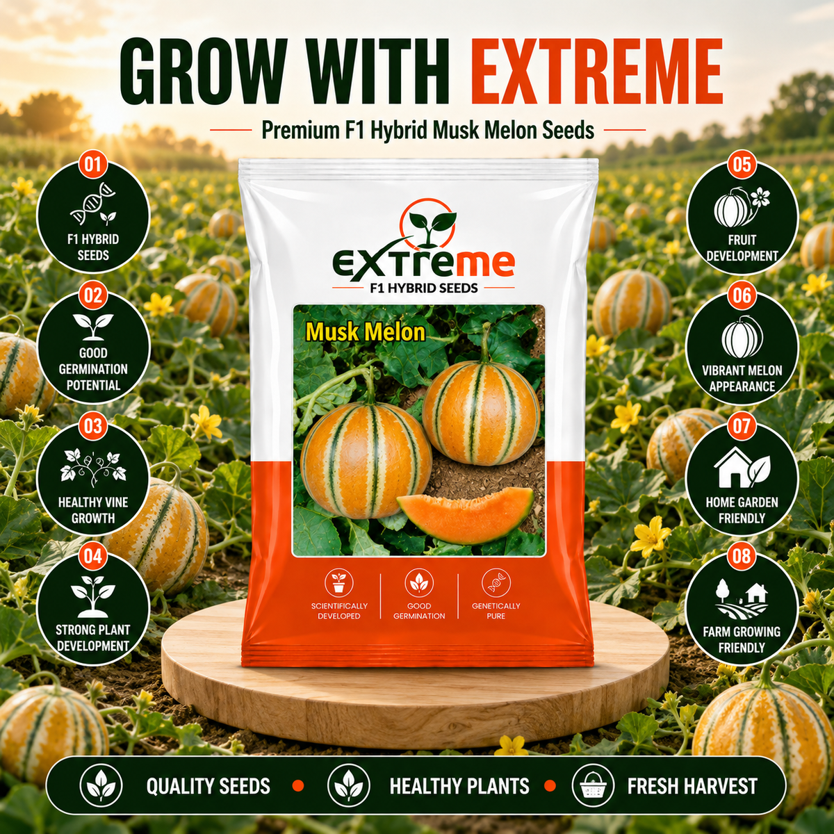 EXTREME F1 Hybrid Muskmelon (Kharbooz) 1GM Seeds for Home Garden, Terrace Garden & Outdoor Growing | Premium Melon Seeds for Fresh Fruit Cultivation