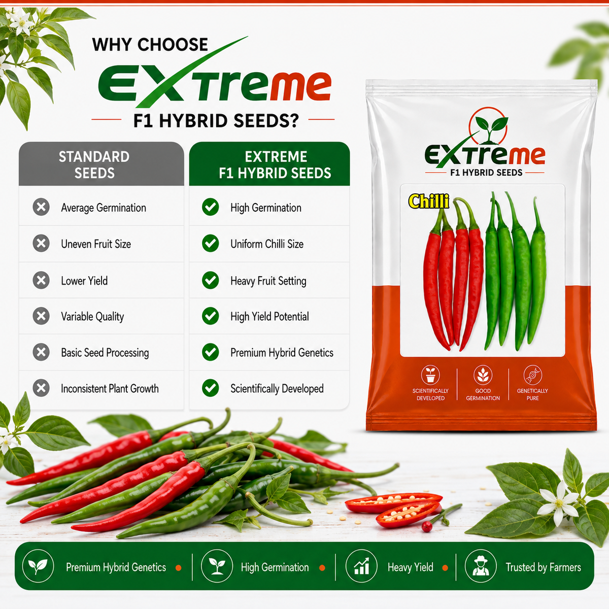 Extreme F1 Hybrid Chilli (Mirchi) Seeds 1g (1000mg) | Good Germination Vegetable Seeds for Kitchen Garden, Home Garden & Farm | Green & Red Chilli Seeds