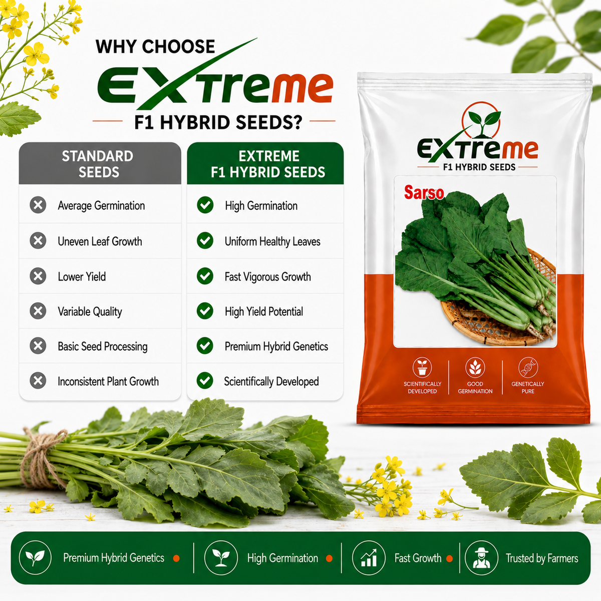 Extreme F1 Hybrid Sarso Seeds 10g | Mustard Seeds for Vegetable & Leafy Green Farming | Sarson for Kitchen Garden, Home Garden & Farm