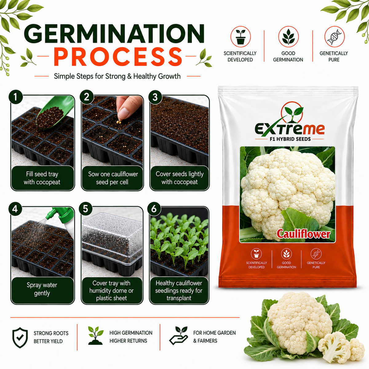 Extreme F1 Hybrid Cauliflower (Gobhi) Seeds 1g (1000mg) | Good Germination Vegetable Seeds for Kitchen Garden, Home Garden & Farm | Fresh White Cauliflower Seeds