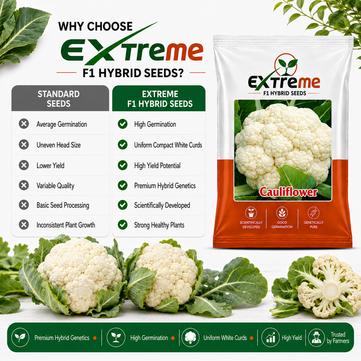 Extreme F1 Hybrid Cauliflower (Gobhi) Seeds 1g (1000mg) | Good Germination Vegetable Seeds for Kitchen Garden, Home Garden & Farm | Fresh White Cauliflower Seeds