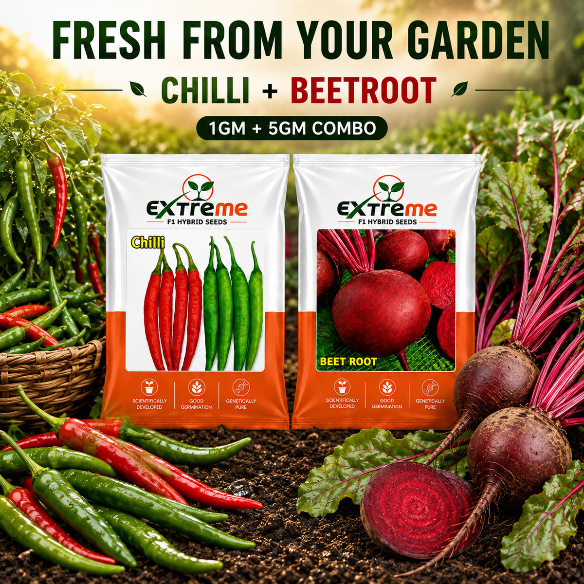Extreme F1 Hybrid Chilli & Beetroot Seeds Combo Pack 6g (1g Chilli + 5g Beetroot) | Mirchi & Chukandar Seeds | Vegetable Seeds for Home, Kitchen & Terrace Garden