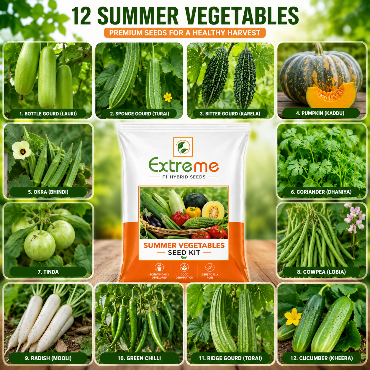 Extreme F1 Hybrid Seeds Summer Vegetable Seed Kit | 12 Premium Vegetable Seed Packets | Kitchen Garden Combo Pack | High Germination Seeds for Home Garden & Farming