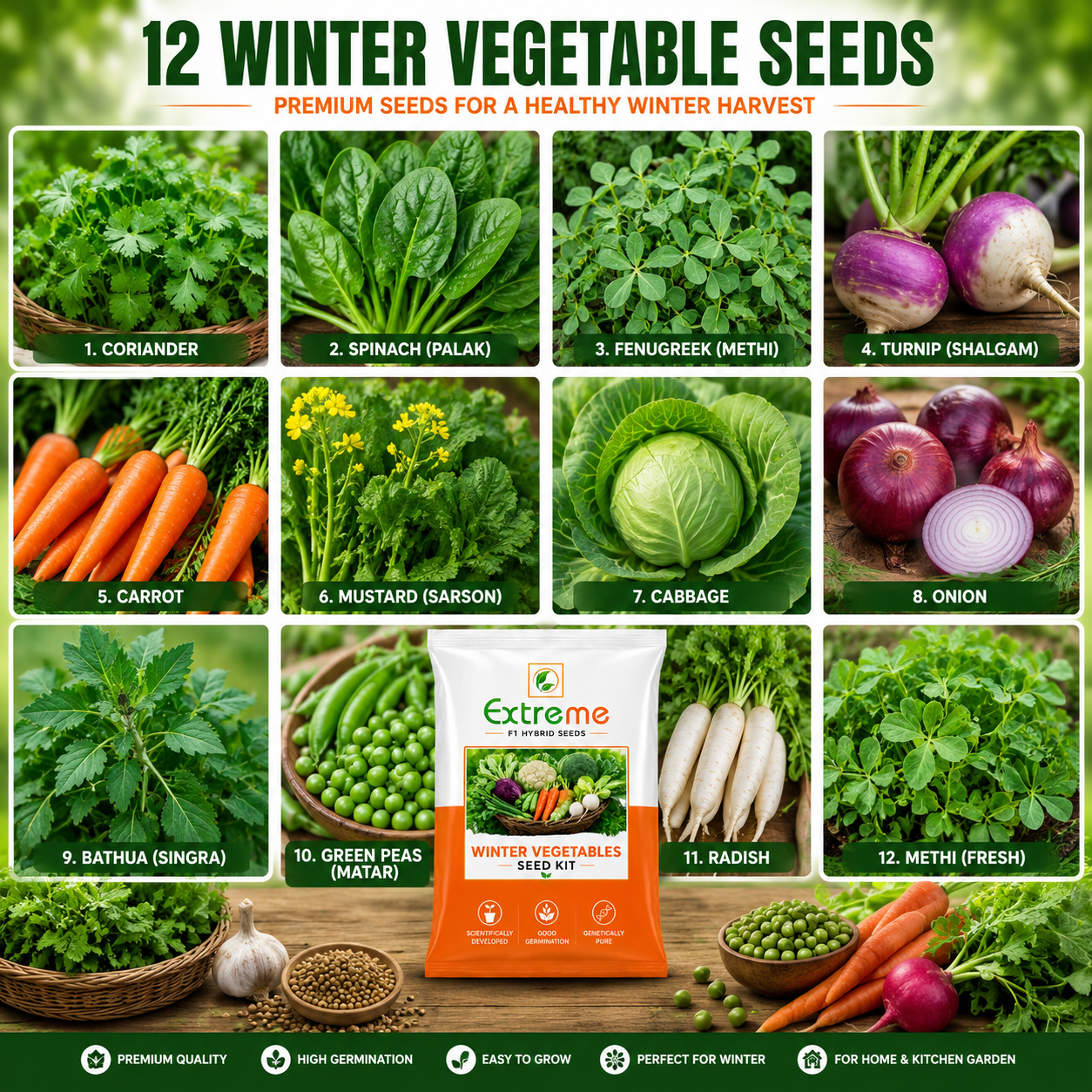 Extreme F1 Hybrid Seeds Winter Vegetable Seed Kit | 12 Premium Vegetable Seed Packets | Kitchen Garden Combo Pack | High Germination Seeds for Home Garden & Farming