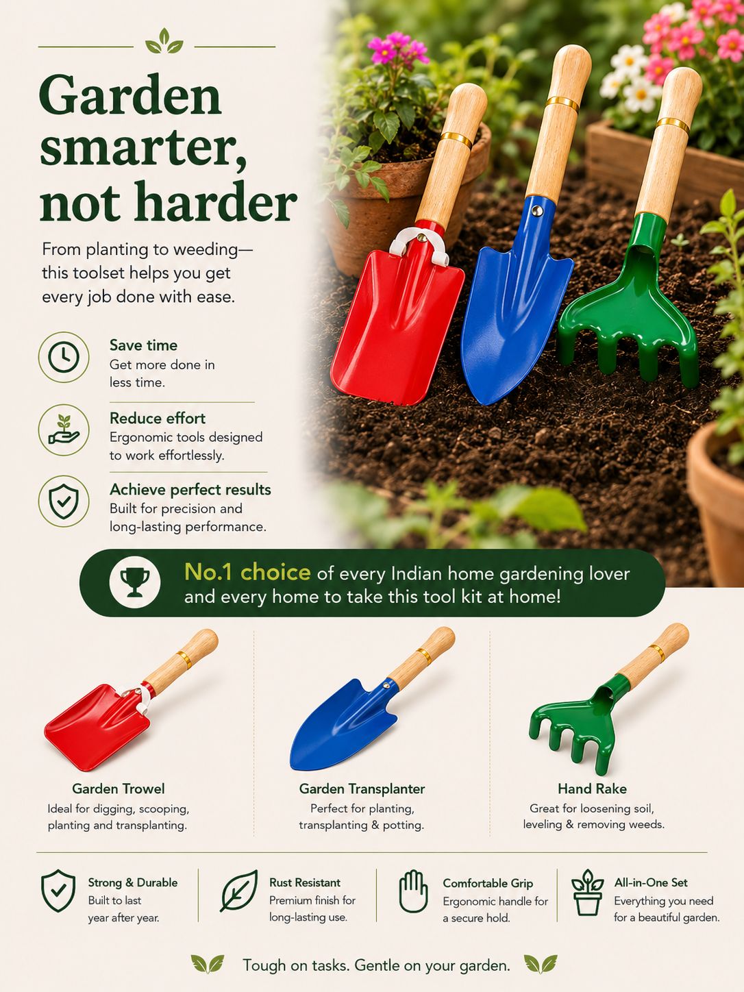 Premium 3-Piece Gardening Tool Set – Trowel, Rake & Soil Scoop for Home Garden 🌱