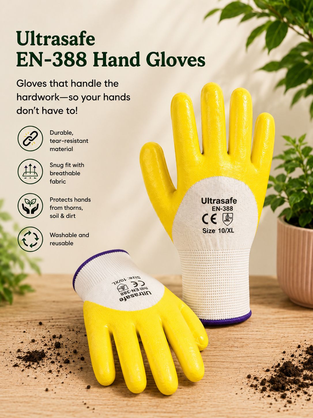 Ultrasafe Yellow Latex Coated Safety Gloves for Gardening, Farming & Industrial Work (XL Size)