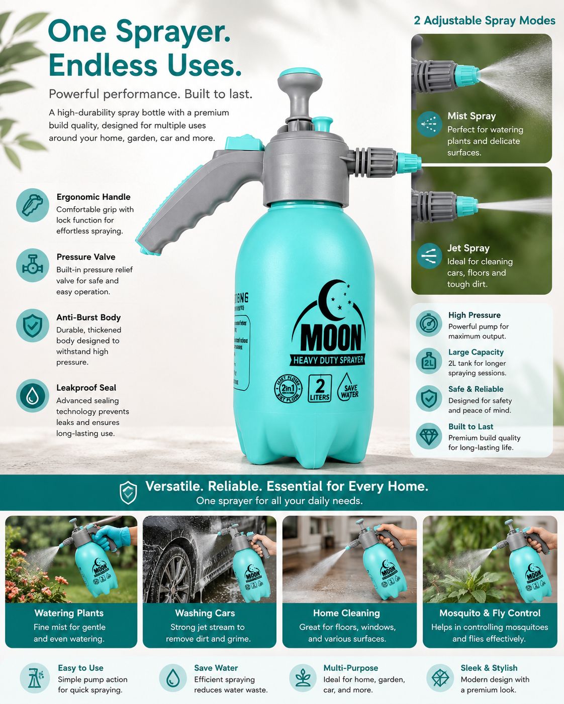 MOON Heavy Duty 2L Manual Pressure Sprayer with Adjustable Nozzle | Leak-Proof Garden Spray SKY BLUE Bottle for Plants, Gardening, Cleaning, Sanitizing & Car Washing