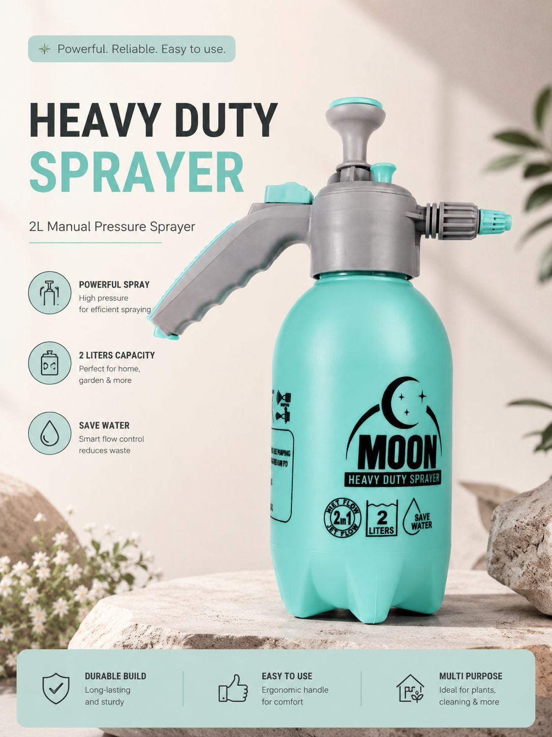 MOON Heavy Duty 2L Manual Pressure Sprayer with Adjustable Nozzle | Leak-Proof Garden Spray SKY BLUE Bottle for Plants, Gardening, Cleaning, Sanitizing & Car Washing