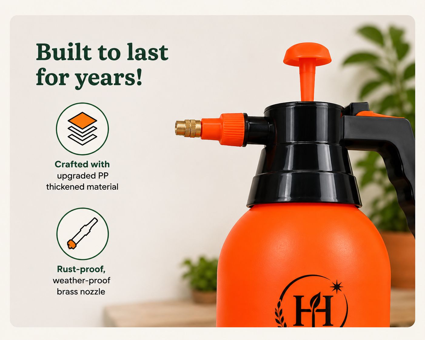 HERMS Premium 2L Hand Pressure Garden ORANGE Sprayer | Adjustable Brass Nozzle Plant Water Sprayer for Gardening, Watering & Plant Care