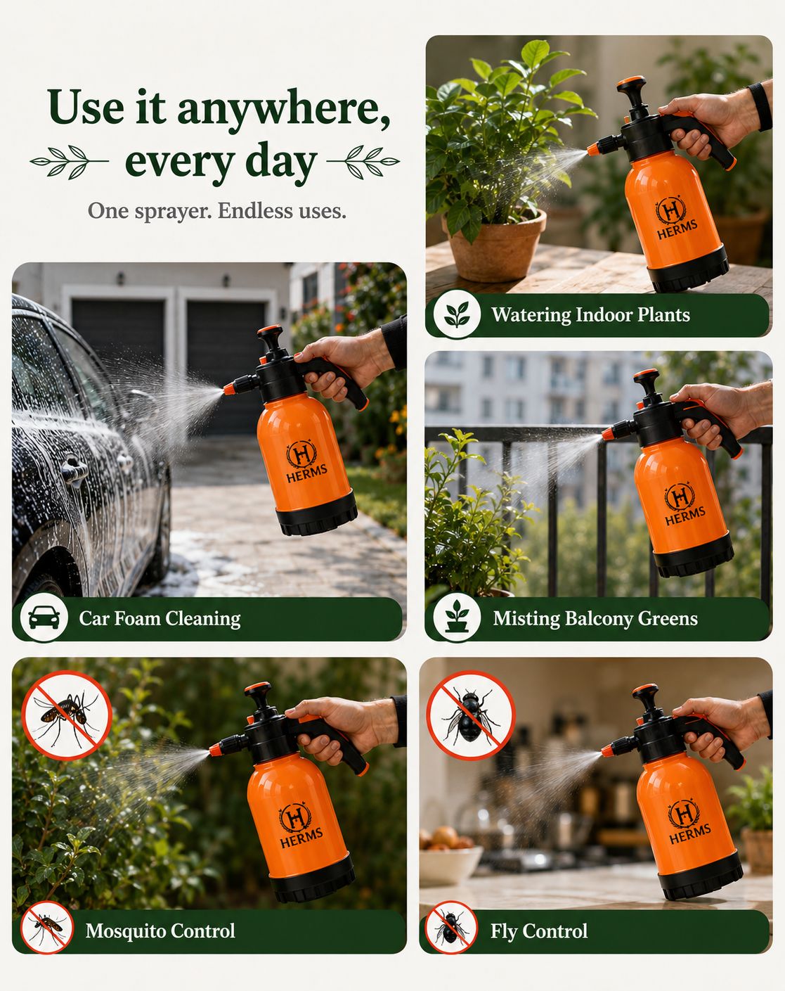 HERMS Premium 2L Hand Pressure Garden ORANGE Spray Pump with 3 Spray Modes | Adjustable Nozzle for Watering, Fertilizing & Plant Care