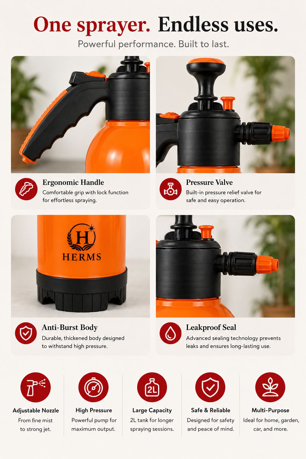 HERMS Premium 2L Hand Pressure Garden ORANGE Spray Pump with 3 Spray Modes | Adjustable Nozzle for Watering, Fertilizing & Plant Care