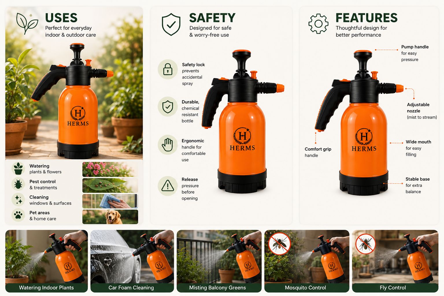 HERMS Premium 2L Hand Pressure Garden ORANGE Spray Pump with 3 Spray Modes | Adjustable Nozzle for Watering, Fertilizing & Plant Care