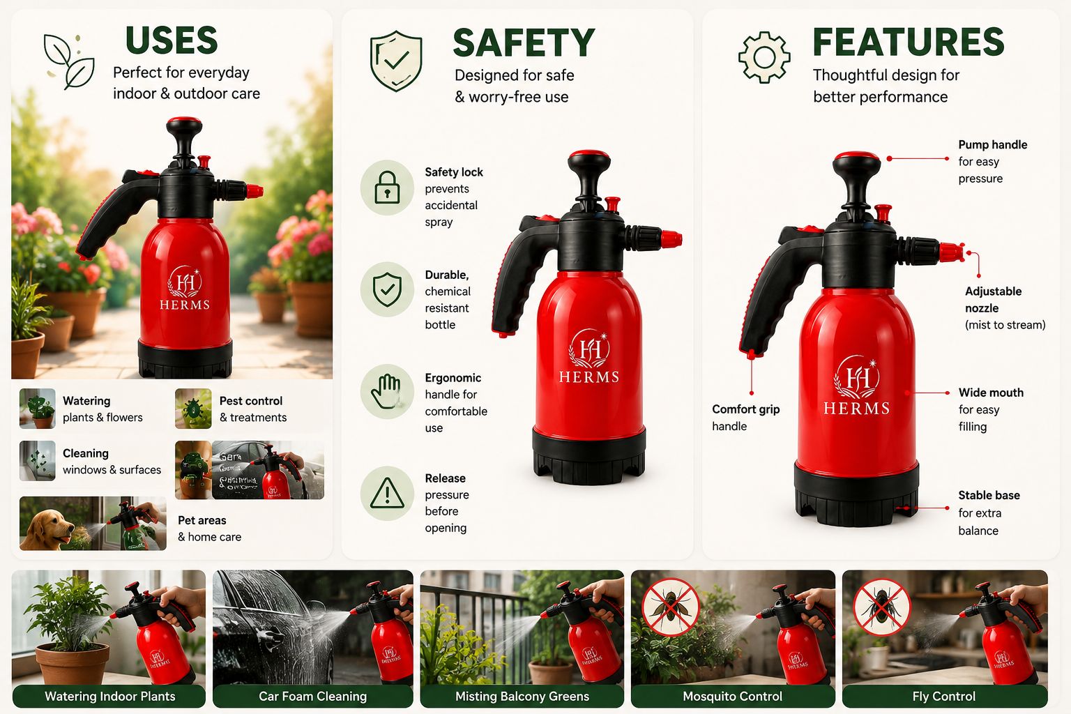 HERMS Premium 2L Hand Pressure Garden Sprayer RED Pump | Adjustable Nozzle for Plant Watering, Fertilizers & Pesticide Spraying