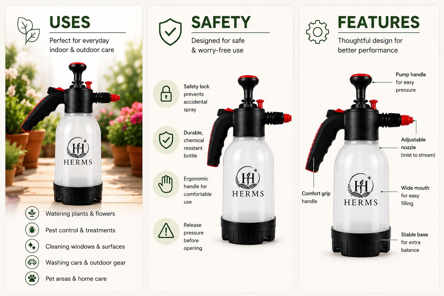 HERMS Premium 2L Hand Pressure Garden Sprayer WHITE Pump | Adjustable Nozzle for Plant Watering, Fertilizers & Pesticide Spraying