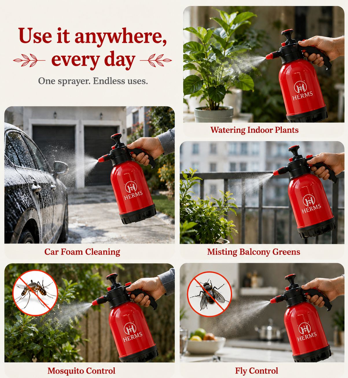 HERMS Premium 2L Hand Pressure Garden Sprayer RED Pump | Adjustable Nozzle for Plant Watering, Fertilizers & Pesticide Spraying